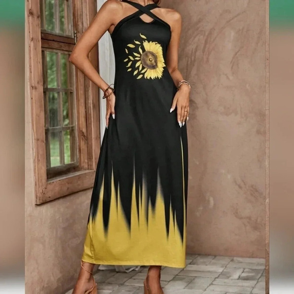 Chrysanthemum Printed Long Maxi Halter Dress For Women - Picture 1 of 4